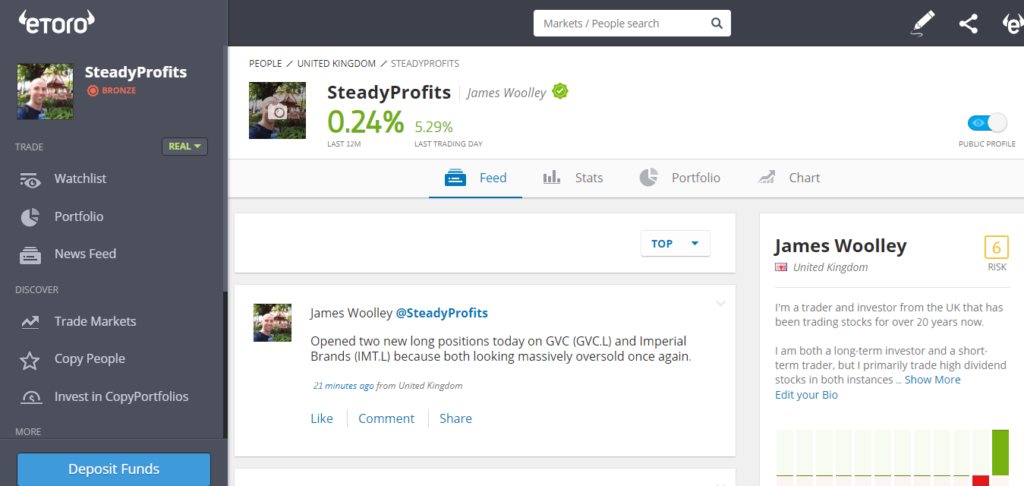 SteadyProfits eToro Profile Page - December 2018