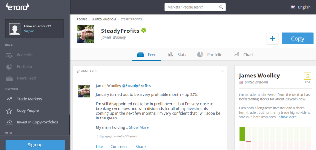 SteadyProfits eToro Profile Page - 4 February 2019