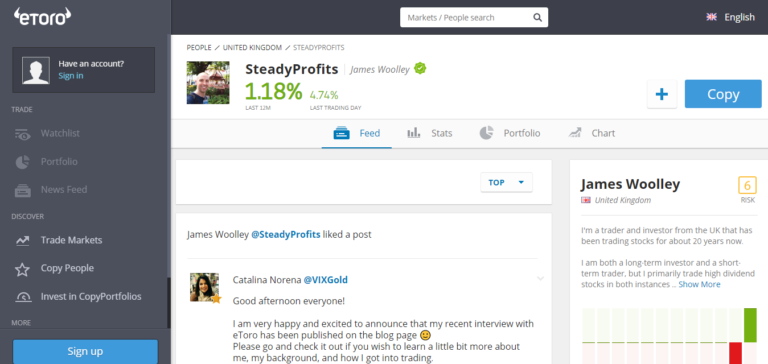 SteadyProfits eToro Profile Page as of 13 December 2018